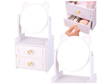 Dřevěná Mini Toaletka Zrcadlo Dvě Zásuvky Kočičí Uši Bílá