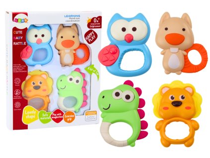 Sada chrastítek a kousátek ve tvaru zvířátek v pastelových barvách, 4 ks