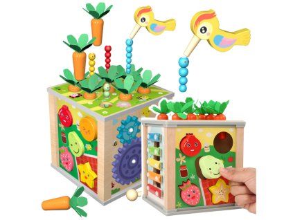 Dřevěná edukační smyslová multifunkční kostka 6v1