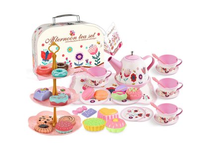 Sada na čaj v kufříku Šálky, Talířky, Etažér, Koblihy