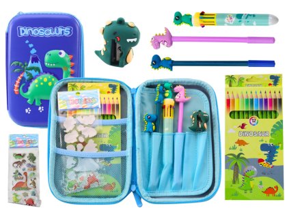Školní penál s vybavením Dino modrý