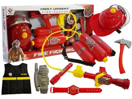 Set Hasičů na Baterie Helma Hasicí Přístroj Doplňky Červená