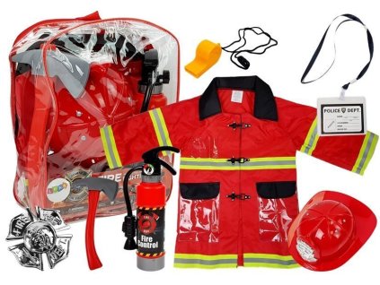 Dětský hasičský kostým s helmou, hasicí přístroj a příslušenství na maškarní ples