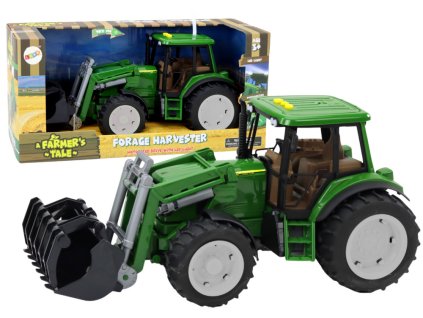 Zelený zemědělský traktor s bagrem, světly a zvuky