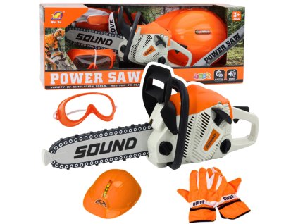 Dětská sada: Motořová pila s efekty zvuku, helma, brýle a rukavice