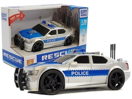 Stříbrné policejní auto na baterie 1:20 Světla a zvuky s pohonem