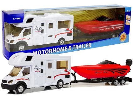 Karavan s Červenou Motorovou Lodí a Setrvačním Pohonem 1:48