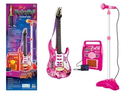 Růžová kytara s mikrofonem, strunami a zesilovačem