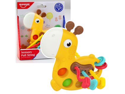Tahací žlutá smyslová hračka Žirafa s šňůrkami
