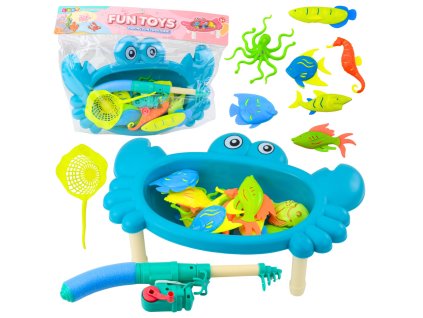 Dětský Rybářský Stoleček Krab s Rybkami a Vybavením – Modrá Barva