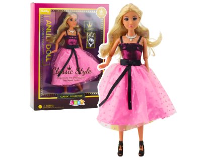 Elegantní Panenka Anlily v Růžovo-Černé Róbě s Blonďatými Vlasy a Šperky