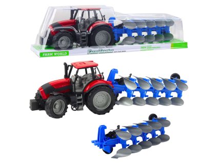 Červený zemědělský traktor s pluhem a zadním pohonem pro děti od 3 let