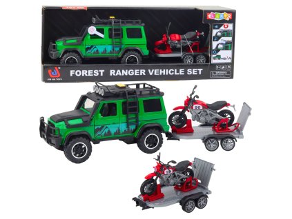 Dětská zelená terénní sada s přívěsem a motocyklem se světelnými a zvukovými efekty