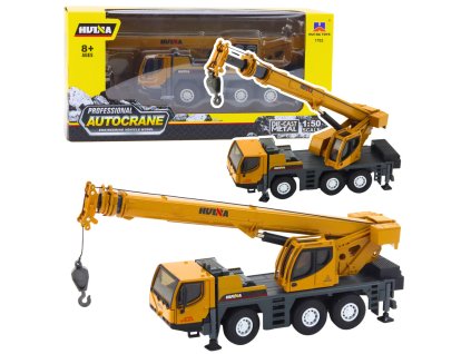 Model stavebního jeřábu Huina 1:50 s kovovými prvky a pohyblivými rameny