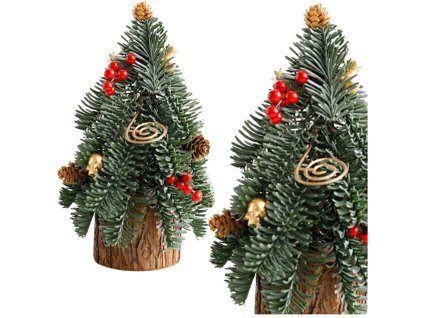 Dekorativní Vánoční Stromek S Jeřabinami a Šiškami Na Přírodním Pně 38x15 cm