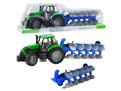 Farmářský Traktor s Modrým Pluhovacím Nástavcem, Zelená Barva, Zadní Pohon