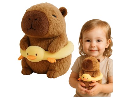 Hnědá Plyšová Kapibara s Odnímatelným Kolem a Žlutou Kachnou 20 cm