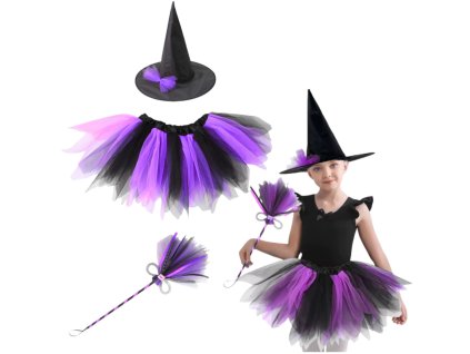 Dívčí kouzelnický kostým s kloboukem a koštětem - fialovo-černý set pro maškarní a Halloween
