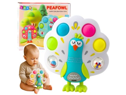 Interaktivní Páv Sensory: Otočné Kulky a Senzorické Bublinky pro Děti od 12m+