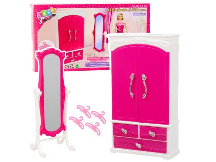 Set Růžového Nábytku pro Panenky s Šatní Skříní a Zrcadlem