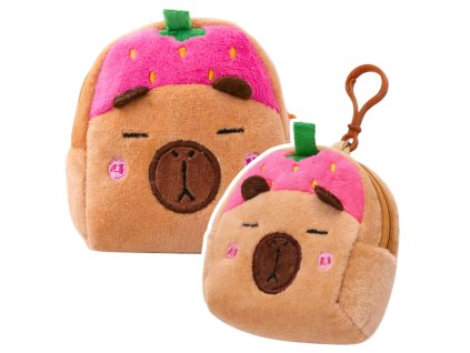 Dětský růžový plyšový portfol Kapibara s motivem jahody 9,5x8 cm