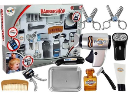 Dětský Kadeřnický Salon Set Barber Stříbrný Fén Strojek Příslušenství