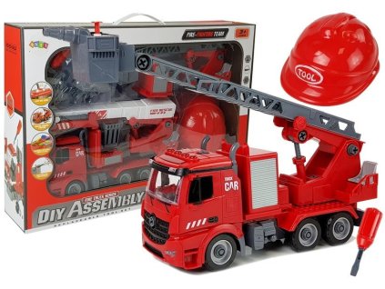 DIY Sada Hasičské Auto 2v1 Vyměnitelné Zdvihy Šroubovák Zvuk Světelné Efekty Přilba
