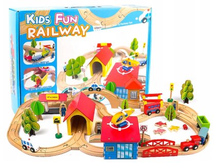 Dřevěná Kolejová Sada Autíčka Stromy Budovy Helikoptéra