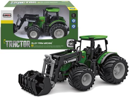 Zelený zemědělský traktor s krokodýlovou lžící