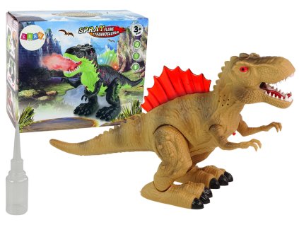 Hnědý dinosaurus s ohnivým dechem, svítí, vodní pára, na baterie