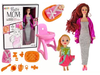 Těhotná Panenka s Dlouhými Vlasy a Příslušenstvím dla Dětí