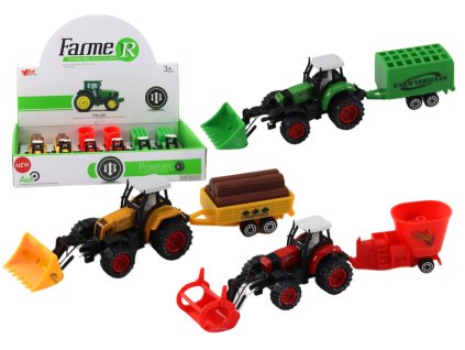 Traktor s přívěsem bagr buldozer stroj žlutý zelený červený