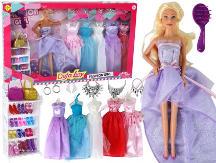 Panenka Pro Děti Dlouhé Blond Vlasy Skříň Boty Šaty Doplňky Fialová