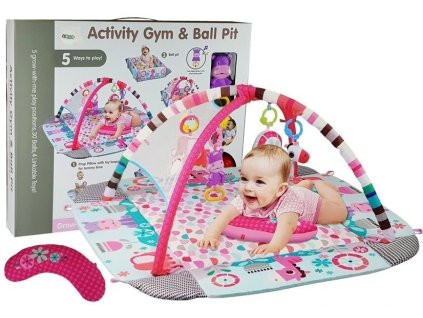 Velká vzdělávací bazénová podložka pro kojence 5v1 s oblouky, hroch a míčky