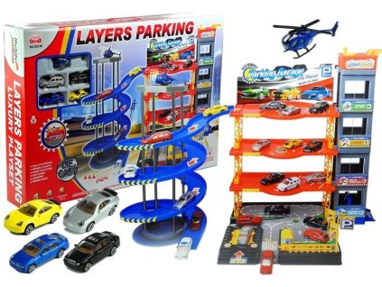 Poschoďová Garáž s Výtahovou Věží, 4 Autíčky a Helikoptérou