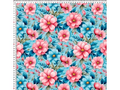 Úplet, Růžové květy na modré, digitální tisk