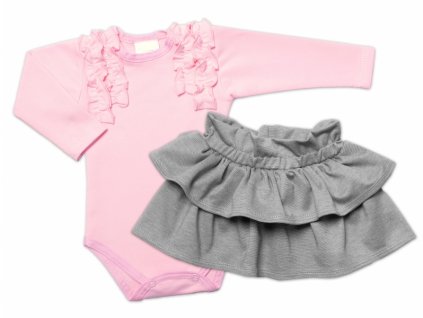 BABY NELLYS 2-dílná sada, body dl.rukáv + suknička Dance Baby, růžová/šedá