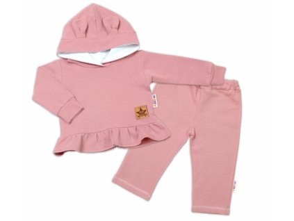 BABY NELLYS Dětská tepláková souprava s kapucí a oušky, pudrově růžová, starorůžová (Velikost 98 (2-3r))