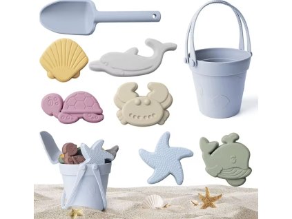 Silikonová sada na písek – kyblík, lopatka a formičky | Mořský svět Modrá barva