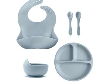 dětská jidelní sada, silikonové nádobí, béžová barvy, talíř, myska lžíce, vydlička, bryndák 1 3