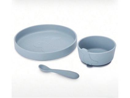 SILIKONOVÉ NÁDOBÍ PRO DĚTI, JÍDELNÍ SADA DINOSAURUS 3 KS - MODRÁ - SILIKON