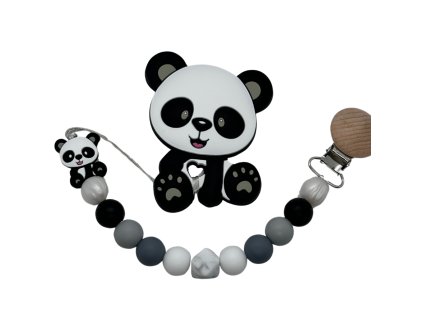 silikonové kousátko panda, klip na dudlík panda, černá, šedá, antracit, bíločerná barva