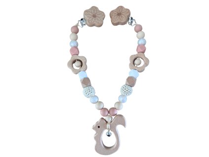 Zavěs na kočárek autosedačku, bavič do vozu veverka , béžová , bílá pro holku