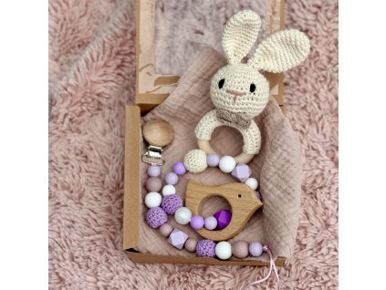 set dárek pro miminka klip na dudlík kousátko chrastítko ovocný dudlík bryndáček dárková krabička fialová pro holky 1