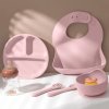 dětská jidelní sada, silikonové nádobí, béžová barvy, talíř, myska lžíce, vydlička, bryndák 1 5