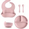 dětská jidelní sada, silikonové nádobí, béžová barvy, talíř, myska lžíce, vydlička, bryndák 1 3 7