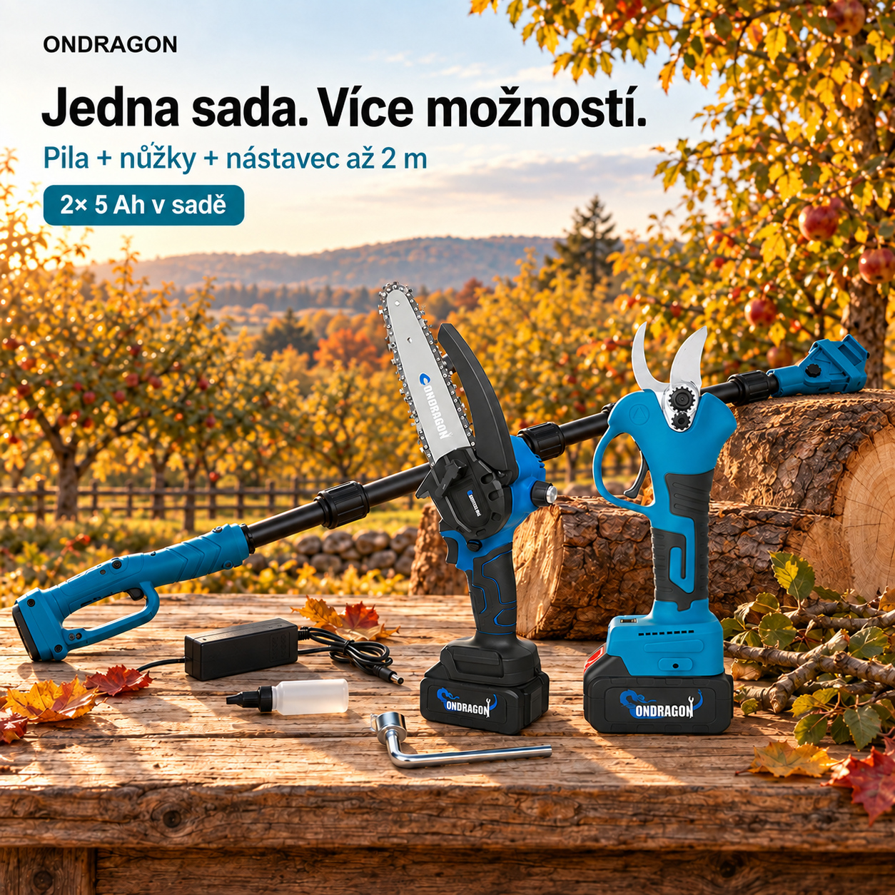 Zahradní sada ONDRAGON s pilou, nůžkami, sestaveným nástavcem a příslušenstvím na podzimní zahradě