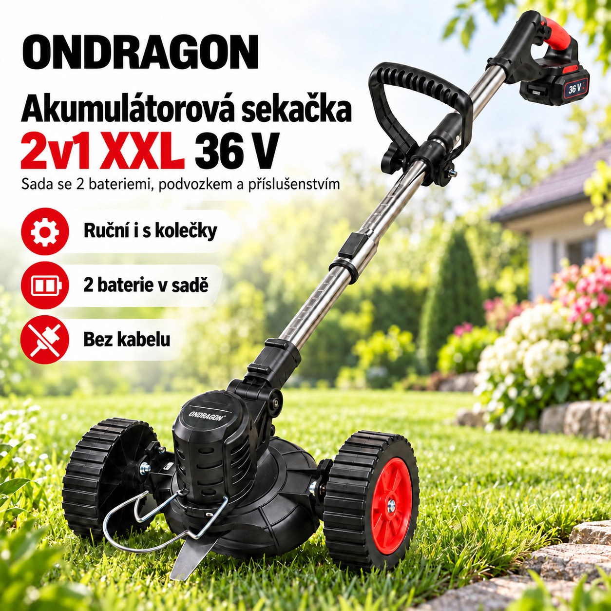 ONDRAGON 2v1 XXL 36 V – sekačka s podvozkem a sadou příslušenství