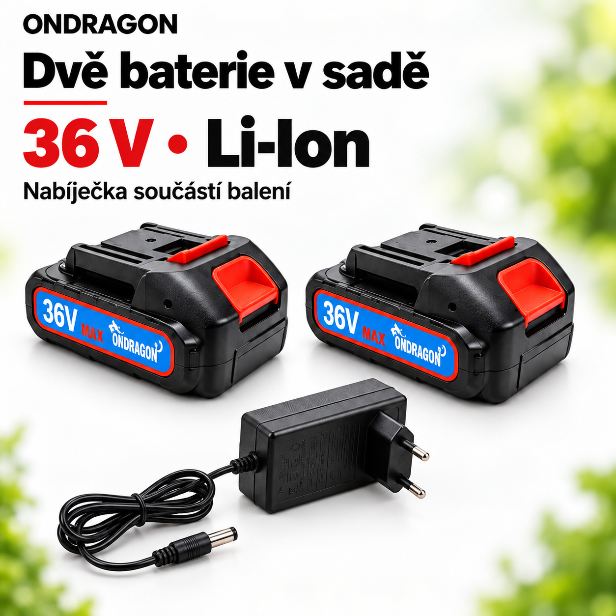 Dvě Li-Ion baterie 36 V a nabíječka v balení