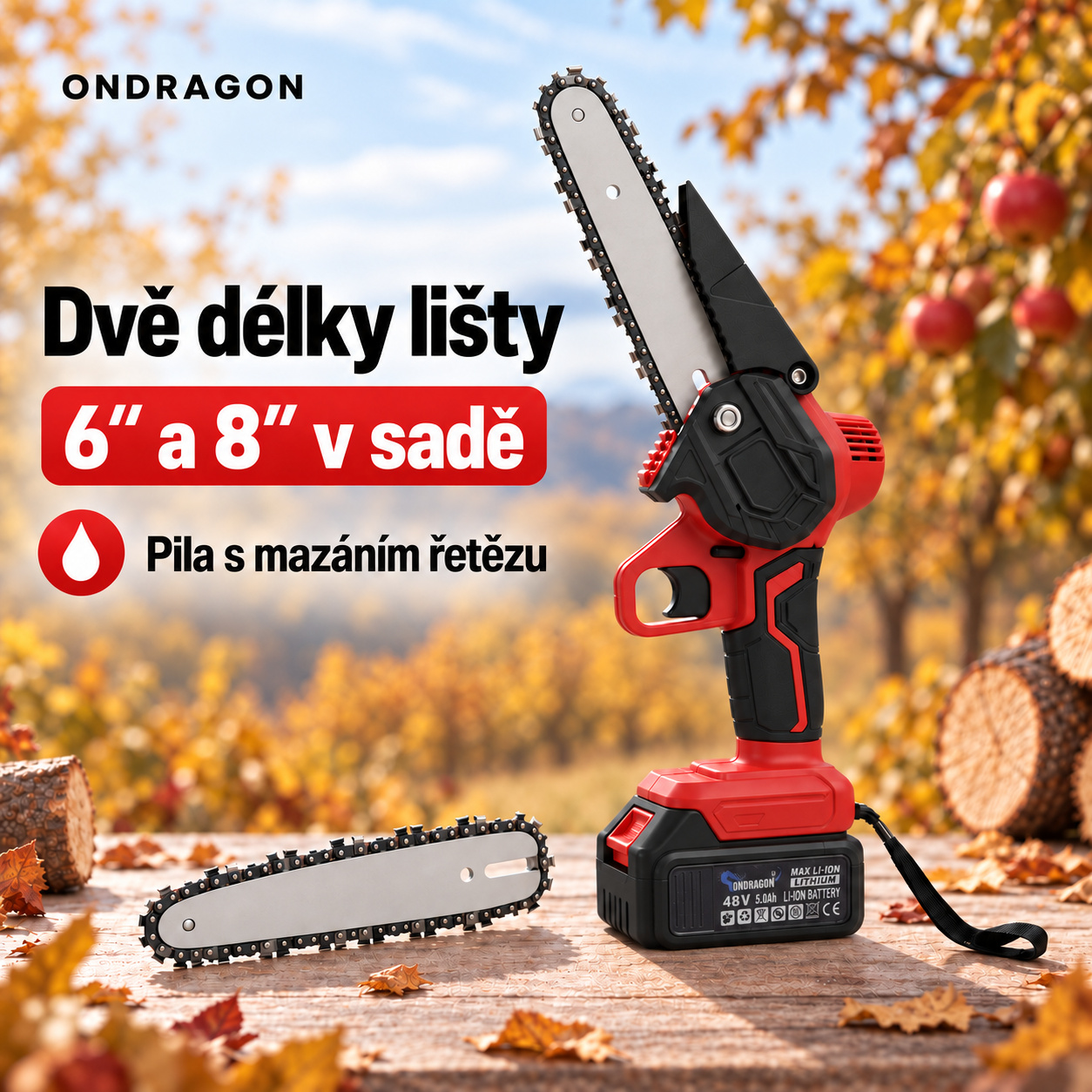 Pila s lištami 6″ a 8″ a mazáním řetězu
